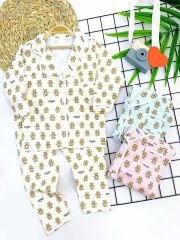 3-4-5-6 Yaş Fendi Baskılı Düğme Kapama 2li Kız Erkek Çocuk Pijama Takımı