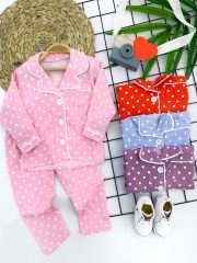 9-12-18-24 Ay Puantiyeli Düğme Kapama 2li Kız Erkek Bebek Pijama Takımı