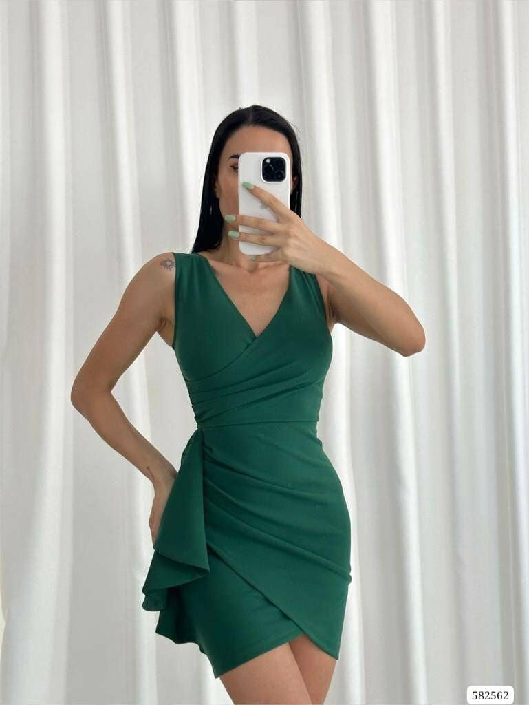 Kadın Dalgıç Kumaş Belde Kuşak Detaylı V Yaka Mini Boy Elbise