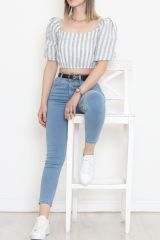 Çizgili Crop Bluz Gribeyaz - 18423.631.