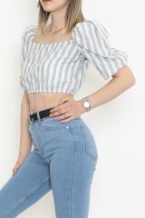 Çizgili Crop Bluz Gribeyaz - 18423.631.