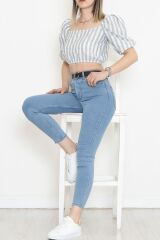 Çizgili Crop Bluz Gribeyaz - 18423.631.
