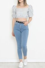 Çizgili Crop Bluz Gribeyaz - 18423.631.