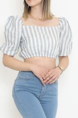 Çizgili Crop Bluz Gribeyaz - 18423.631.