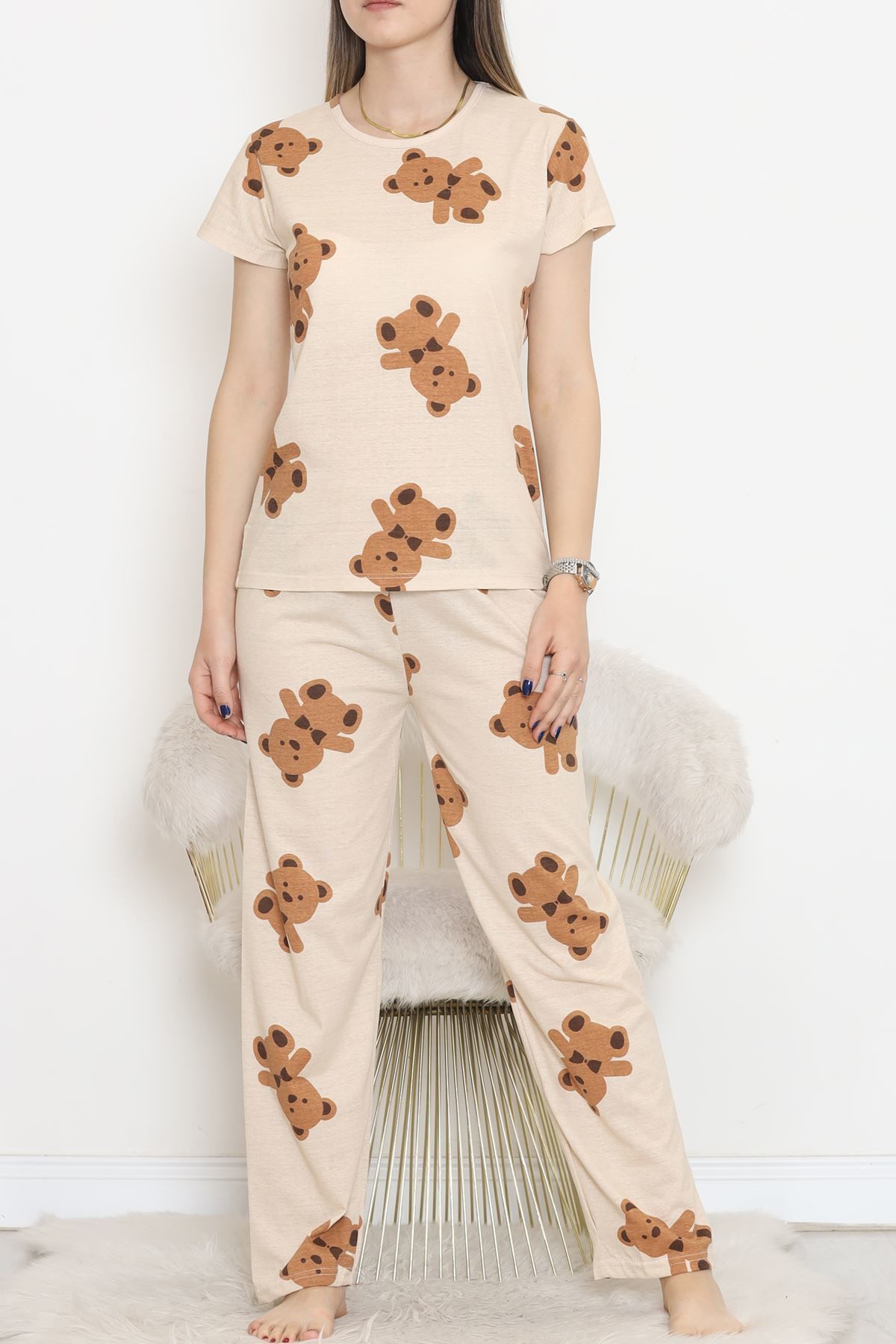 Desenli Pijama Takımı Bej - 130.1287.