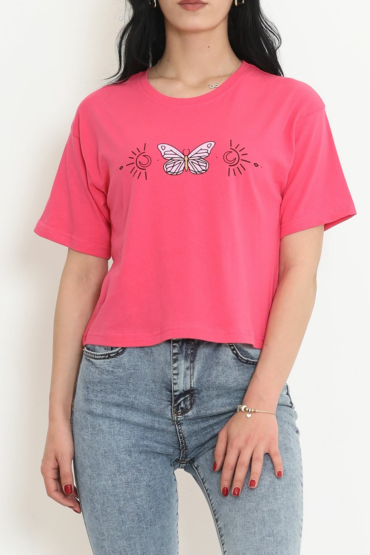 Baskılı Crop Tişört Fuşya - 16478.1567.