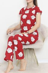 Desenli Pijama Takımı Bordobeyaz - 130.1287.