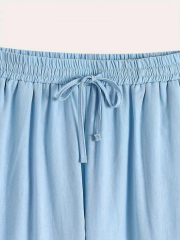 Kadın Paçası Güpür Detay Beli Lastikli Keten Pantolon