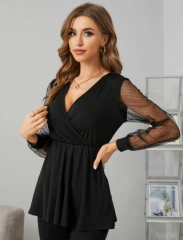 Kadın Siyah Uzun Kollu Kol Tül Detay V Yakalı Sandy Bluz/mini Elbise