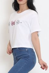 Baskılı Crop Tişört Beyaz - 16478.1567.