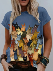 Kadın Kısa Kollu Bisiklet Yaka Kedi Baskılı Süprem Bluz