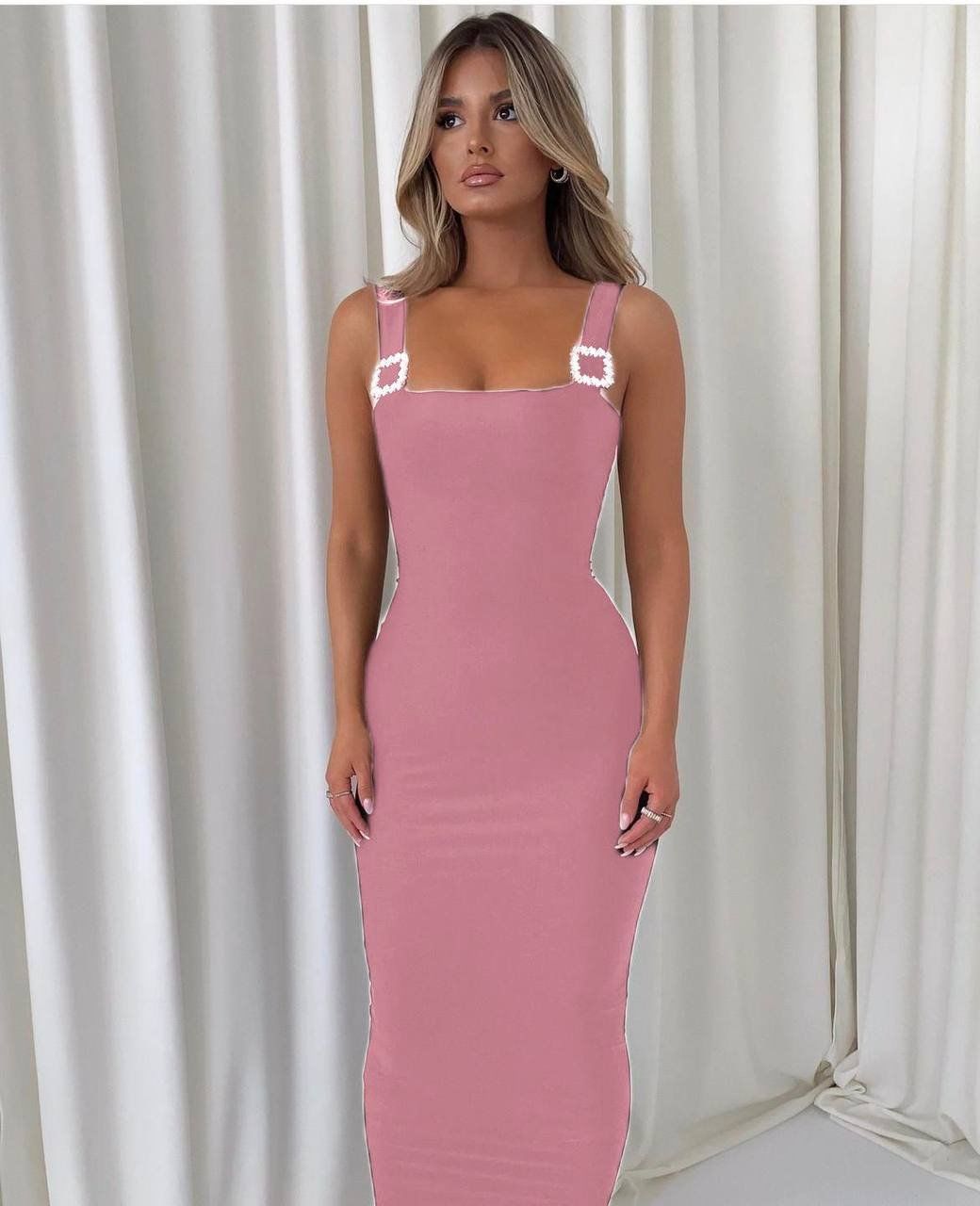 Kadın Full Likralı Sandy Kumaş Omuz Askı Taş Toka Detaylı Maxi Boy Elbise
