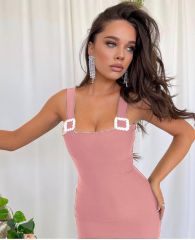 Kadın Full Likralı Sandy Kumaş Omuz Askı Taş Toka Detaylı Maxi Boy Elbise