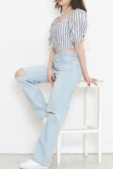 Çizgili Crop Bluz Fümebeyaz - 18423.631.