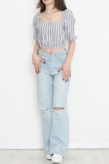 Çizgili Crop Bluz Fümebeyaz - 18423.631.
