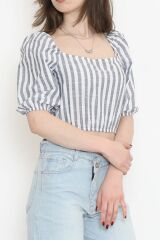 Çizgili Crop Bluz Fümebeyaz - 18423.631.