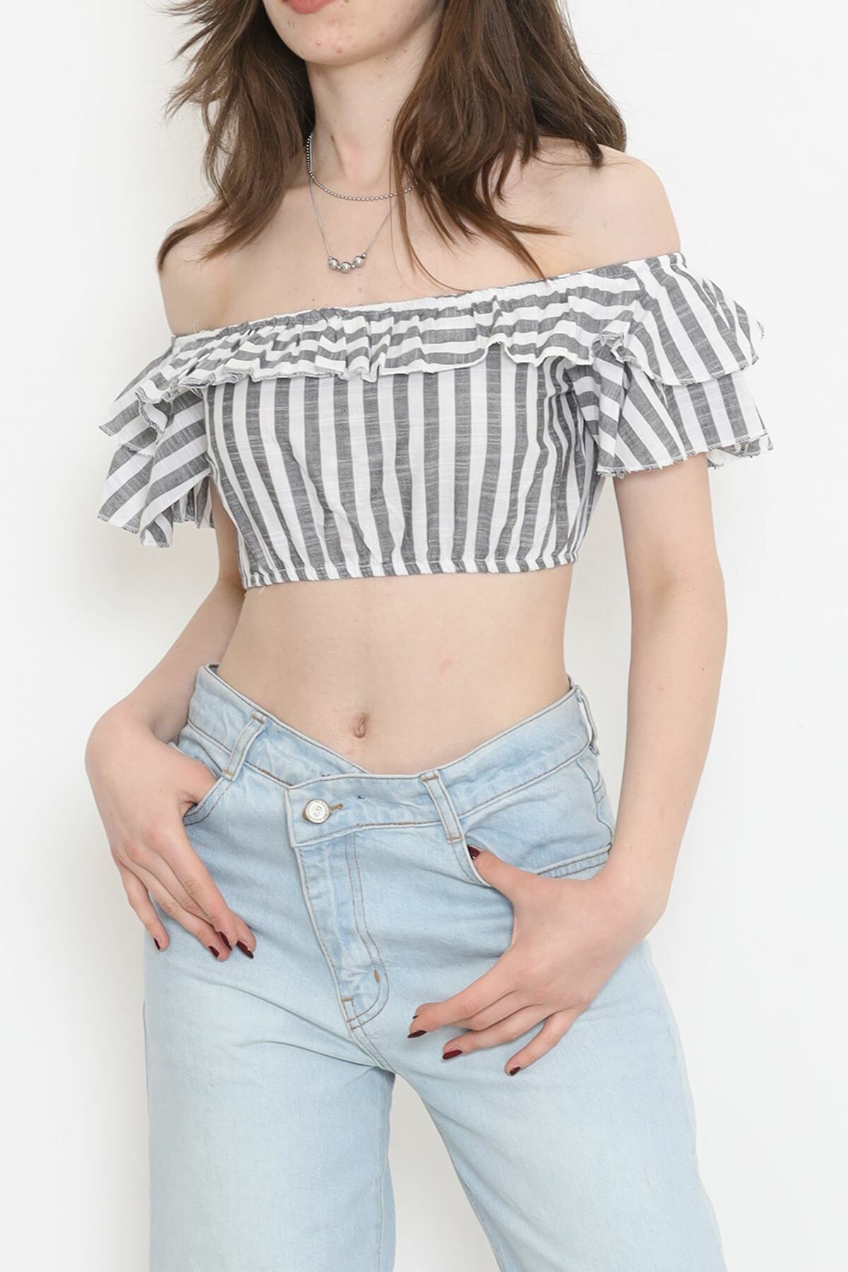 Çizgili Crop Bluz Fümebeyaz - 18426.631.
