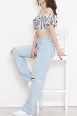 Çizgili Crop Bluz Fümebeyaz - 18426.631.