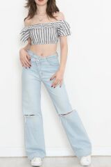 Çizgili Crop Bluz Fümebeyaz - 18426.631.