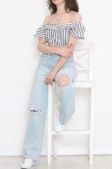 Çizgili Crop Bluz Fümebeyaz - 18426.631.