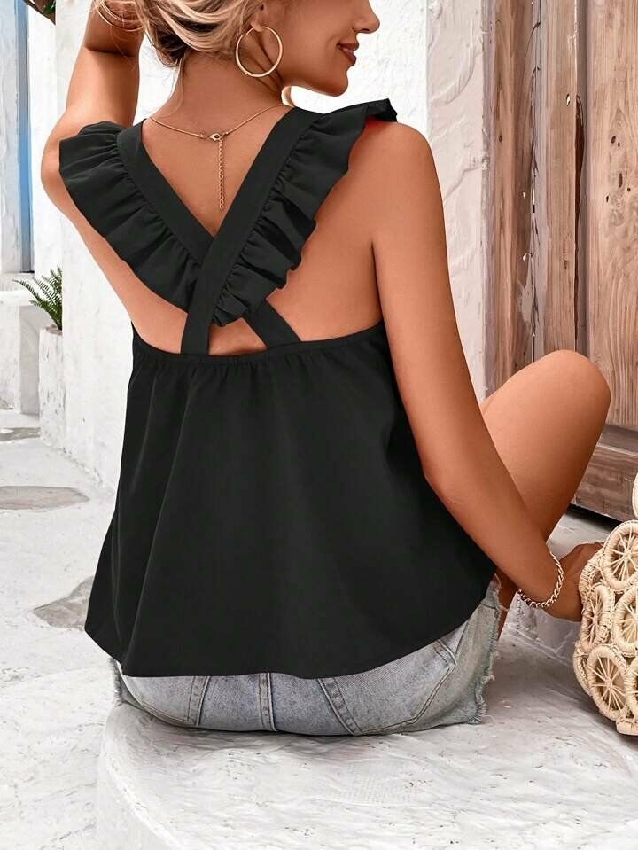Kadın Kolsuz Fırfır Detay Sırt çapraz Krep Bluz