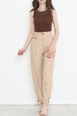 Paça Detaylı Keten Pantolon Taş - 15268.1726.