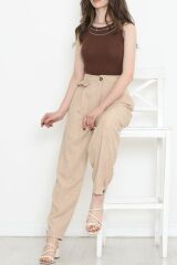 Paça Detaylı Keten Pantolon Taş - 15268.1726.