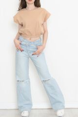 Beli Lastikli Crop Tişört Bej - 16552.1567.