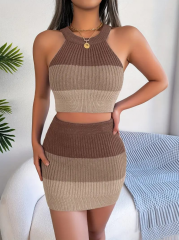 Kadın Kolsuz Halter Yaka Crop Ve Mini Etek Ikili Triko Takım
