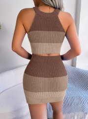 Kadın Kolsuz Halter Yaka Crop Ve Mini Etek Ikili Triko Takım