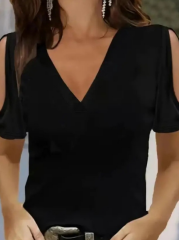 Kadın Kısa Kollu V Yaka Kollar Açık Detay Viskon Bluz