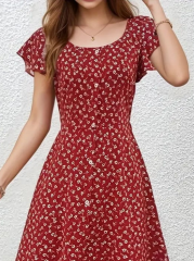 Kadın Düğme Detaylı çiçek Desen Midi Boy Süprem Kloş Elbise