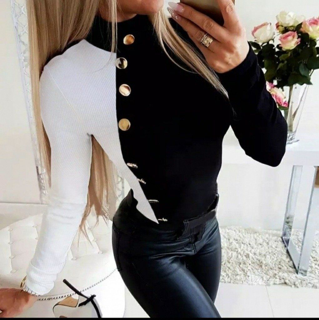 Kadın Uzun Kollu Tek Kol Beyaz Ve Düğme Detay Kaşkorse Ve Dalgıç Bluz