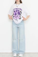 Baskılı Oversize Tişört Beyaz - 16505.1567.