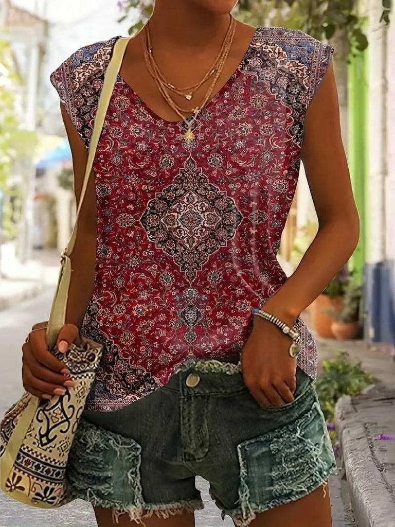 Kadın Otantik Kilim Desenli Kolsuz Sandy Bluz